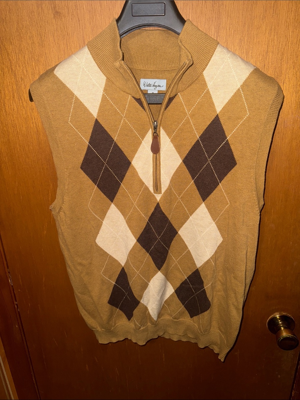 Walter Hagen Camel and Brown Argyle Zip-Neck Sweater Vest